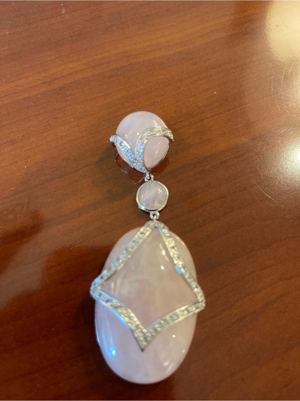 925 Sterling Silver Huge Pink Quartz & White Topaz Big Chunky Cabochon Pendant